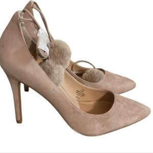 Charles David Heels Size 6.5 Beige Suede Stiletto Heels Pom Pom Ankle Wraps